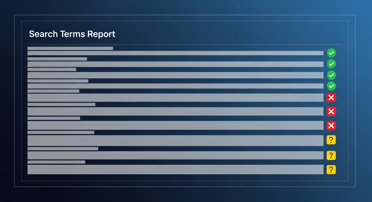 Zoektermrapport workflow: groen (toevoegen), rood (negatief), geel (twijfel)